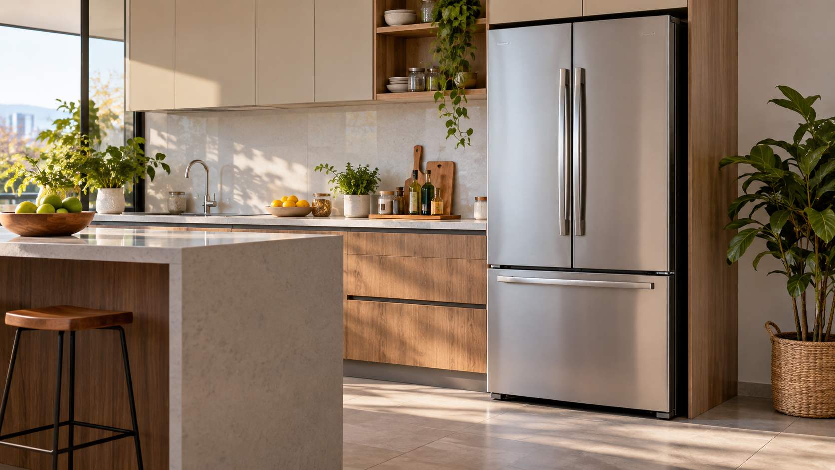 Refrigerador moderno en una cocina de hogar