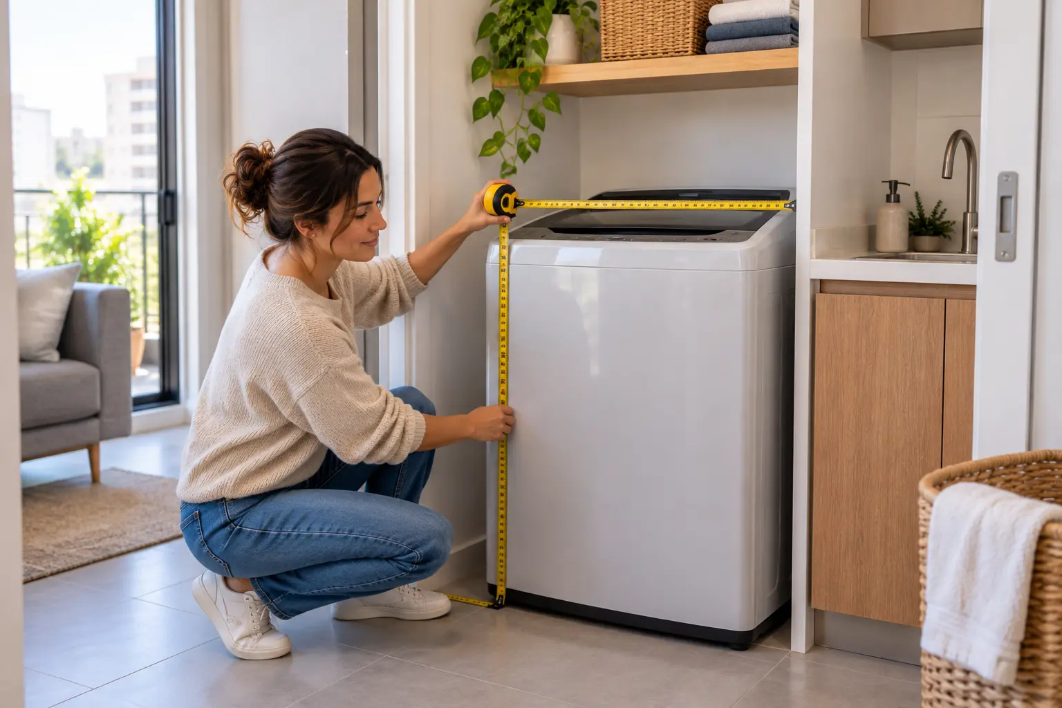 Lavadora pequeña instalada en un espacio reducido